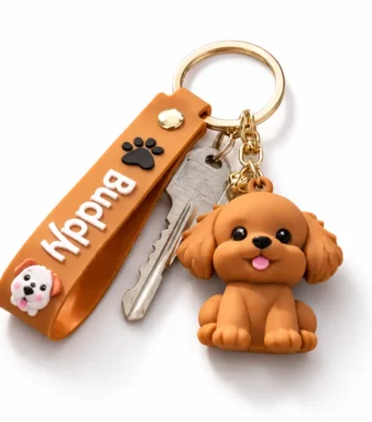 Brown dog keychain bag charm in kraft gift box — cute small dog lover gift under £10 UK