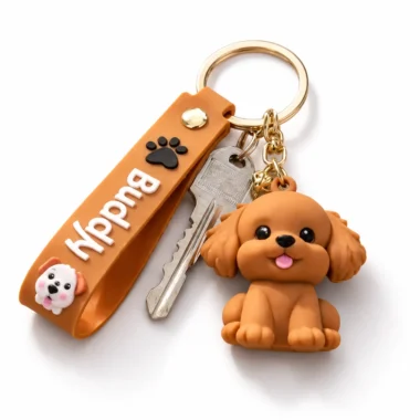 Brown dog keychain bag charm in kraft gift box — cute small dog lover gift under £10 UK