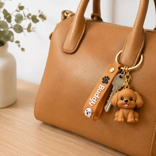 Brown dog keychain bag charm attached to tan leather handbag — dog lover accessory
