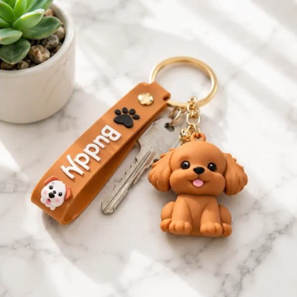 Cute brown dog keychain charm on house keys beside plant — dog lover keyring gift UK