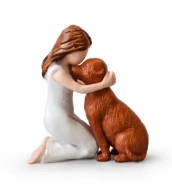 Dog mum angel figurine of woman kissing brown dog — memorial keepsake and dog lover gift UK