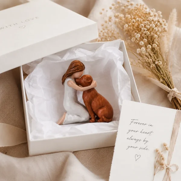 Dog mum angel figurine in white gift box with flowers and sympathy note — pet loss keepsake gift