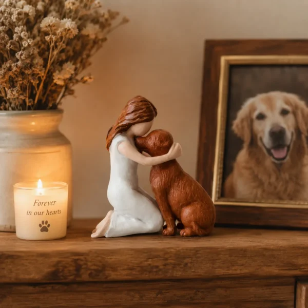 Dog mum angel figurine on mantelpiece beside candle and framed dog photo — pet memorial display