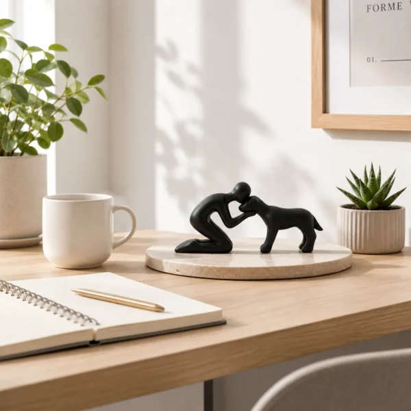 Art deco dog and owner statue on minimalist desk with plant and notebook — dog lover décor
