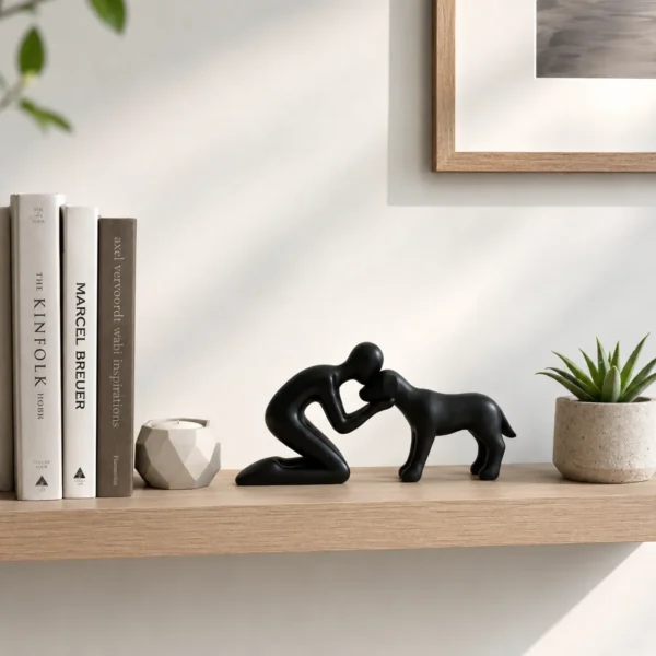 Modern dog and owner art deco statue on minimalist shelf with books and succulent