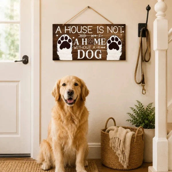 Wooden dog paw wall sign hanging in hallway above golden retriever — dog home décor