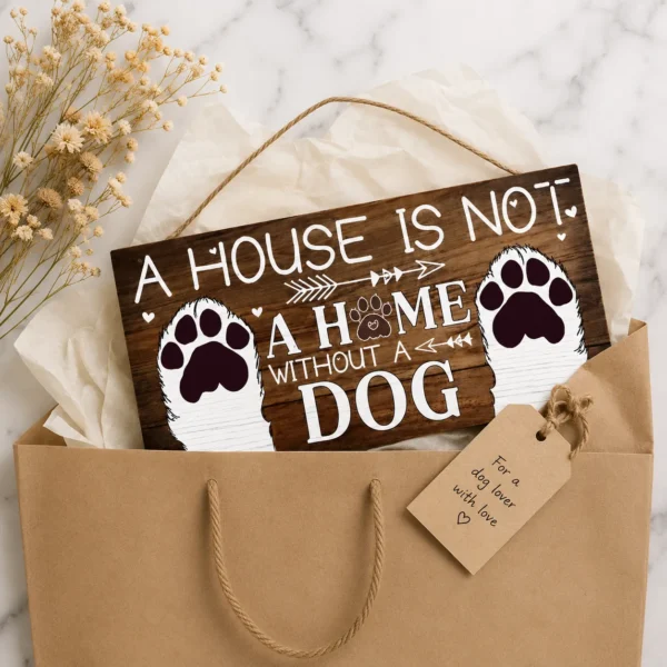 Wooden dog paw wall sign in kraft gift bag — small dog lover gift idea UK