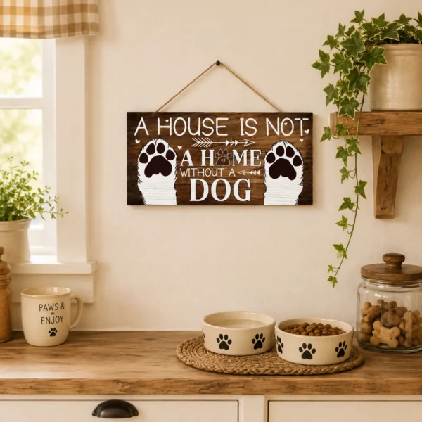 Wooden dog paw wall sign in cottage kitchen beside plant and dog bowls — cute dog décor