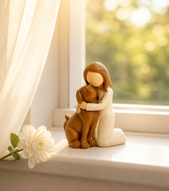 Woman hugging brown dog statue — heartwarming dog mum gift and pet lover keepsake UK
