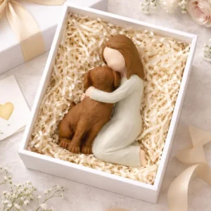 Woman Hugging Brown Dog Statue – Heartwarming Decor