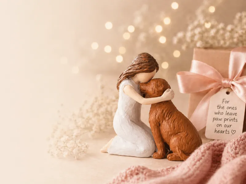 Girl hugging dog figurine with gift box