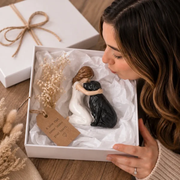 Woman hugging black dog statue in white gift box — heartfelt dog mum birthday gift