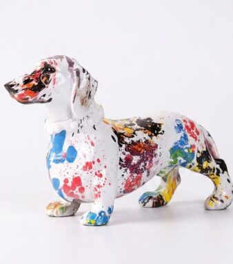 Colourful painted dachshund resin statue with multicolour paint splatter — pop art sausage dog gift