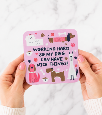 Yellow and pink dog mum coaster bundle flat lay on marble — dog mum coaster duo