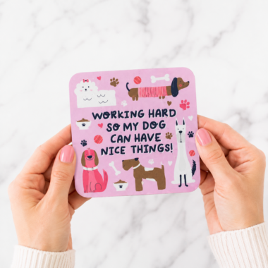 Yellow and pink dog mum coaster bundle flat lay on marble — dog mum coaster duo