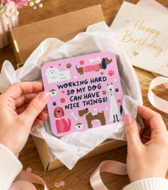 Funny dog mum coaster working hard so my dog can have nice things — pink MDF wooden coaster