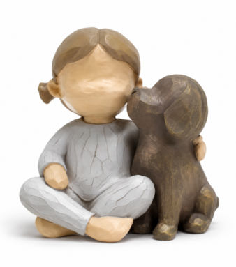 Resin girl and dog hugging sculpture hand-painted in earthy tones — heartfelt dog lover gift