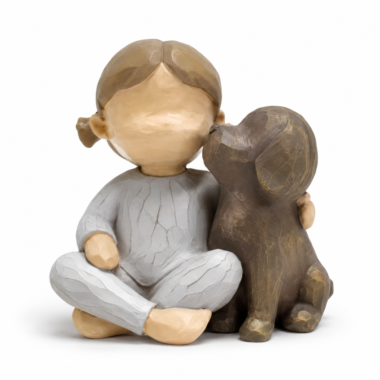 Resin girl and dog hugging sculpture hand-painted in earthy tones — heartfelt dog lover gift