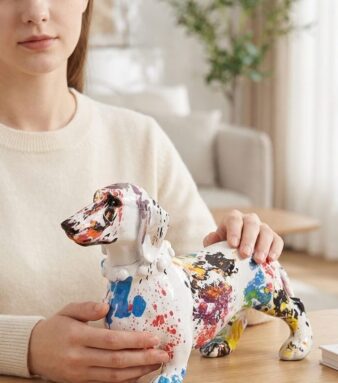 Colourful painted dachshund resin statue in premium black gift box with gold ribbon