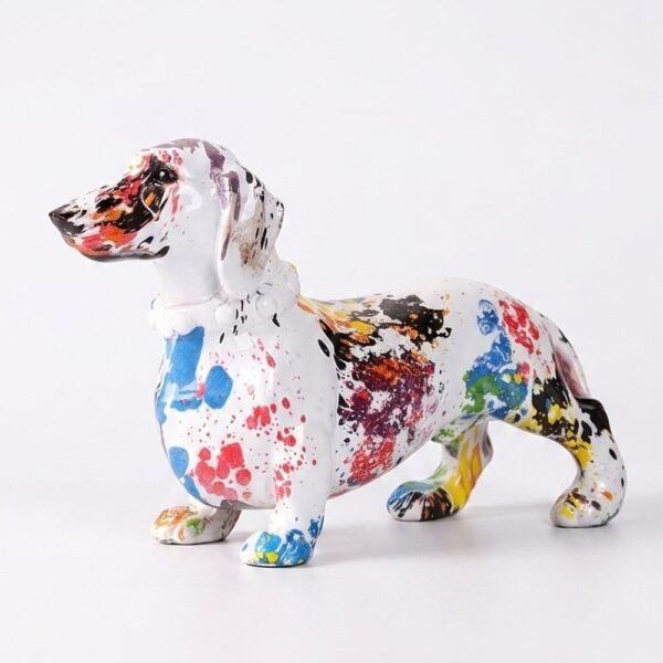 Colourful painted dachshund resin statue with multicolour paint splatter — pop art sausage dog gift