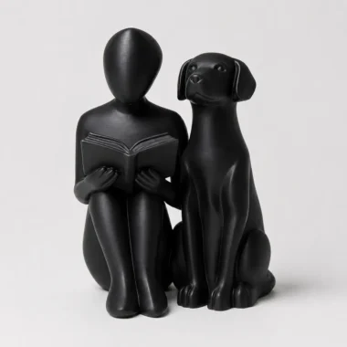 Abstract reading person dog statue in matte black — minimalist book lover dog gift