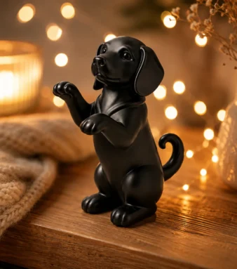 Black raised paw puppy figurine on wooden surface surrounded by warm fairy lights