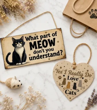 Cat lover gift set flat lay with meow sign and heart sign on marble — bundle