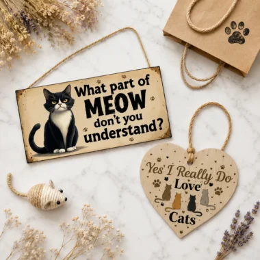 Cat lover gift set flat lay with meow sign and heart sign on marble — bundle