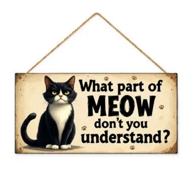 Funny cat wall sign what part of meow don’t you understand — vintage wooden tuxedo cat plaque