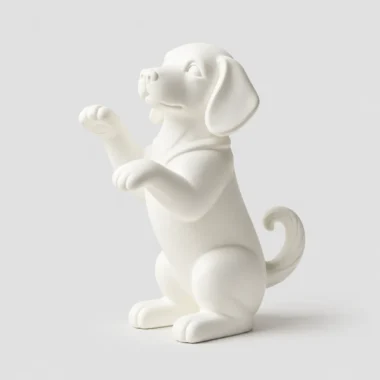 White raised paw puppy figurine in begging pose — minimalist dog lover ornament