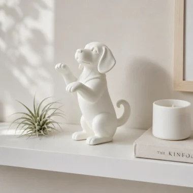 White raised paw puppy figurine on minimalist Scandi shelf with air plant and candle