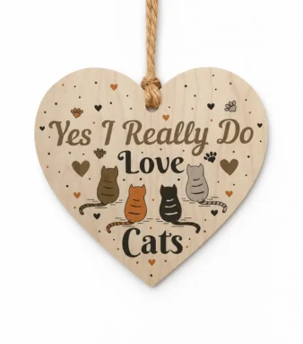 Yes I really do love cats wooden heart sign with illustrated cats and twine hanger — cat lover gift