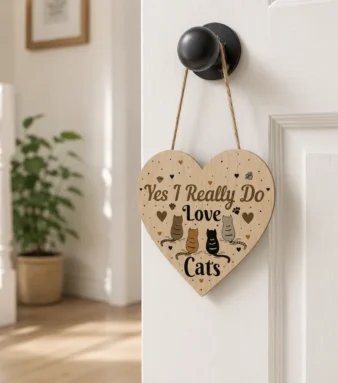 Yes I love cats wooden heart sign on cottage kitchen wall beside cat ornament and herbs