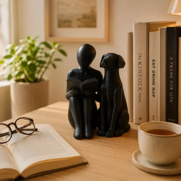 Abstract black reading person and dog statue on oak desk with open book and tea