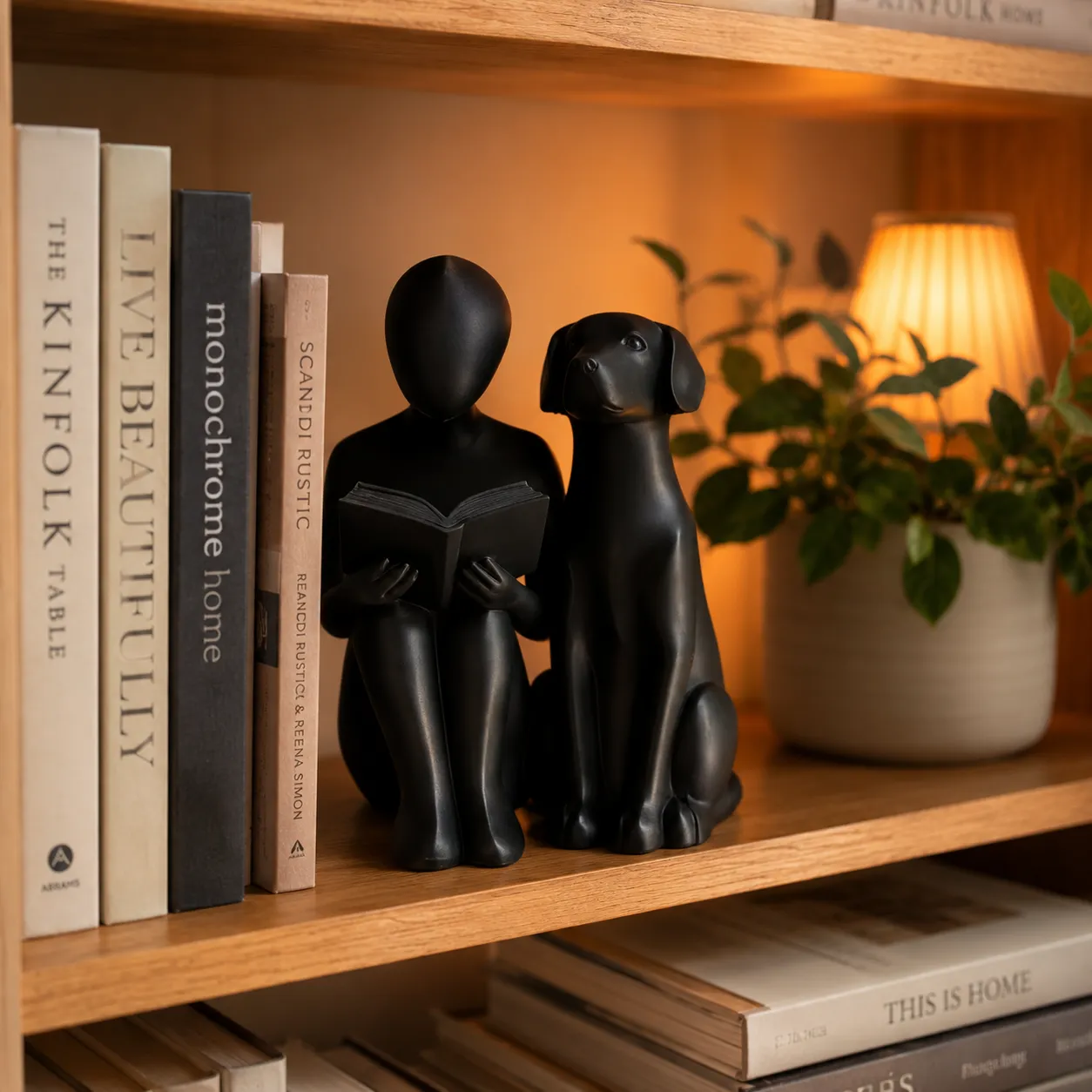 Black abstract reading and dog statue on bookshelf with books and warm lamp glow