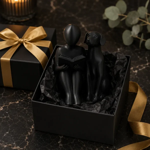 Black abstract reading and dog statue in black gift box with gold ribbon — premium gift