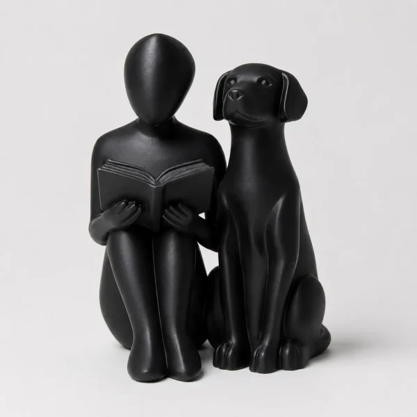 Abstract reading person dog statue in matte black — minimalist book lover dog gift