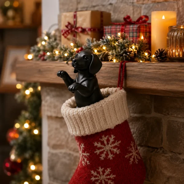 Black puppy figurine stocking filler in red Christmas stocking on fireplace with gifts