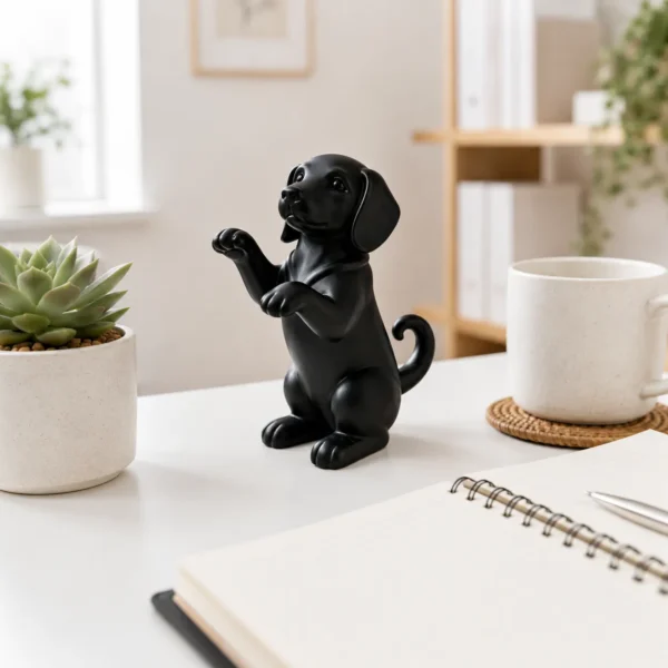 Black raised paw puppy figurine on minimalist desk with succulent mug and notebook