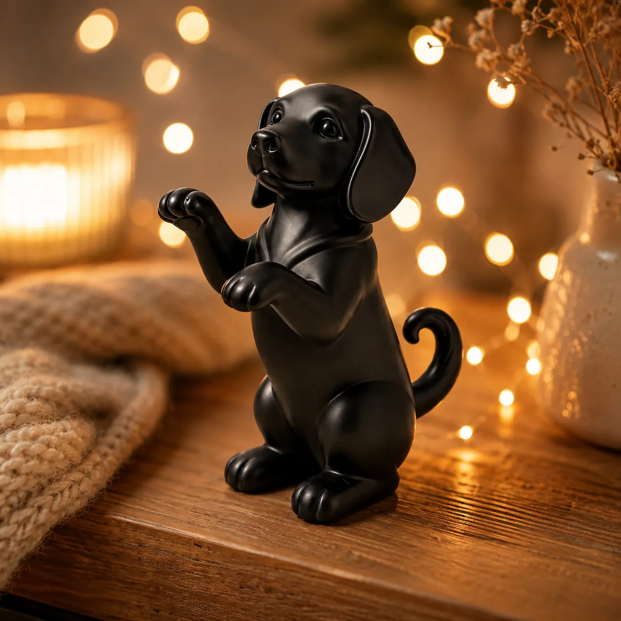 Black raised paw puppy figurine on wooden surface surrounded by warm fairy lights
