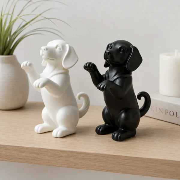 Black and white raised paw puppy figurines side by side — colour comparison pair