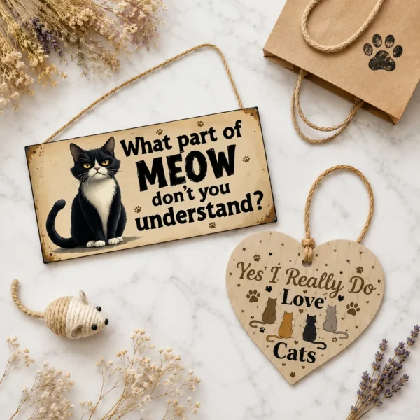 Cat lover gift set flat lay with meow sign and heart sign on marble — bundle