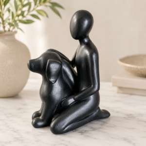 Man and Dog Sculpture | Abstract Matte Black Resin Ornament, Father's Day Gift