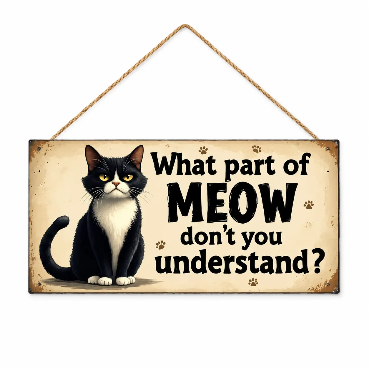 Funny cat wall sign what part of meow don’t you understand — vintage wooden tuxedo cat plaque