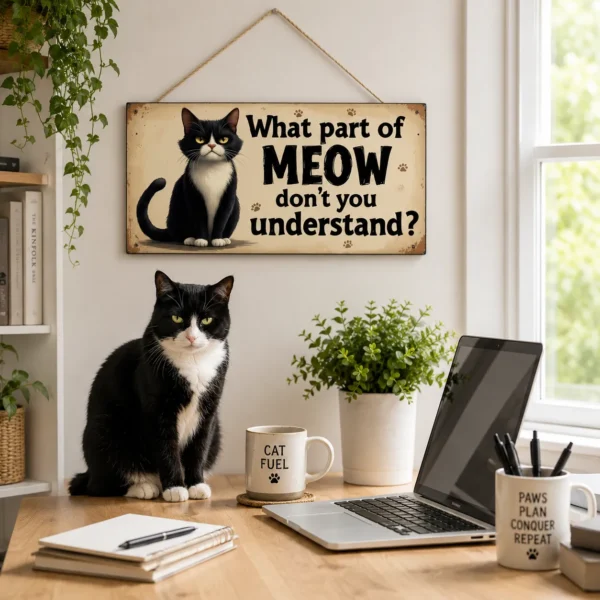 Funny vintage meow cat wall sign above home office desk with cat sitting on desk