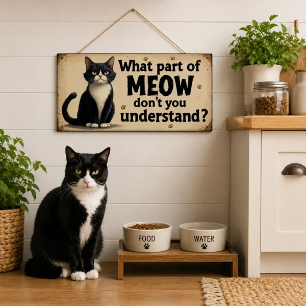 Vintage meow cat wall sign on kitchen wall above unimpressed tuxedo cat by food bowl
