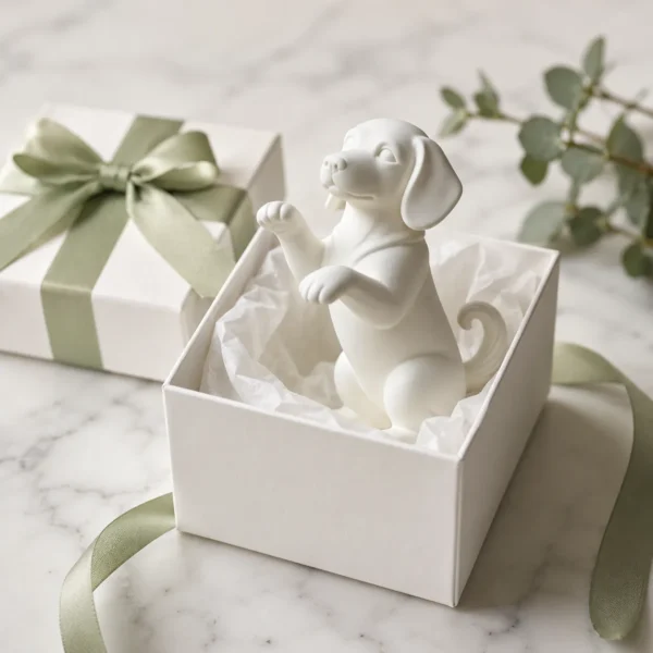 White raised paw puppy figurine in white gift box with sage green ribbon — dog lover gift