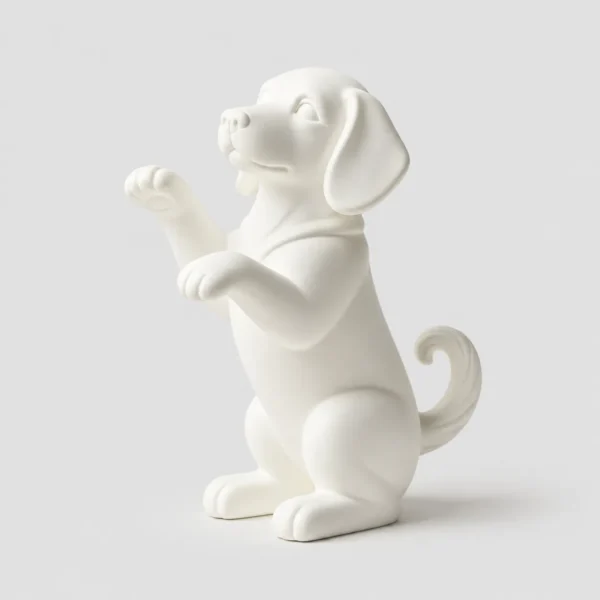 White raised paw puppy figurine in begging pose — minimalist dog lover ornament