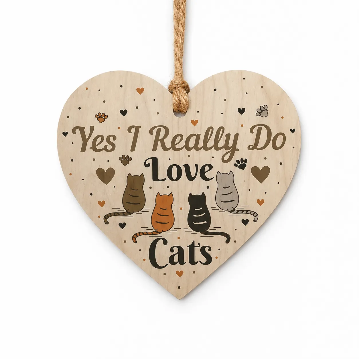 Yes I really do love cats wooden heart sign with illustrated cats and twine hanger — cat lover gift