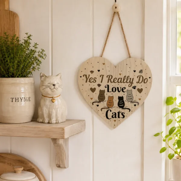 Yes I really do love cats wooden heart sign with illustrated cats and twine hanger — cat lover gift